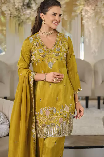 Mustard yellow shimmer tissue silk blend embroidered kurta set with dupatta