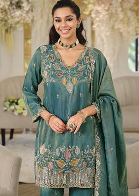 Teal shimmer tissue silk blend embroidered kurta set with dupatta 4