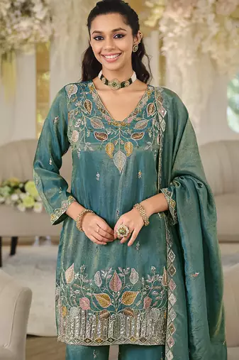 Teal shimmer tissue silk blend embroidered kurta set with dupatta