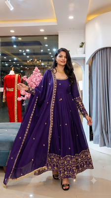Dark blue heavily embroidered anarkali suit set 1