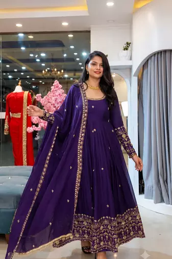 Dark blue heavily embroidered anarkali suit set