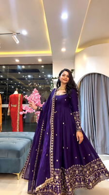 Dark blue heavily embroidered anarkali suit set 3