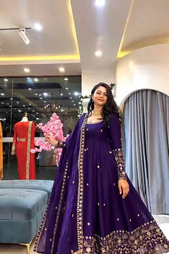 Dark blue heavily embroidered anarkali suit set