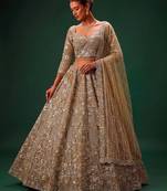 Beige Net Heavily Embroidered Royal Bridal Reception Lehenga Choli Set