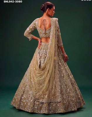 Beige Net Heavily Embroidered Royal Bridal Reception Lehenga Choli Set 2