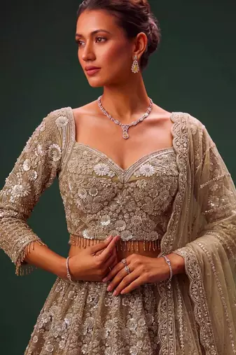 Beige Net Heavily Embroidered Royal Bridal Reception Lehenga Choli Set