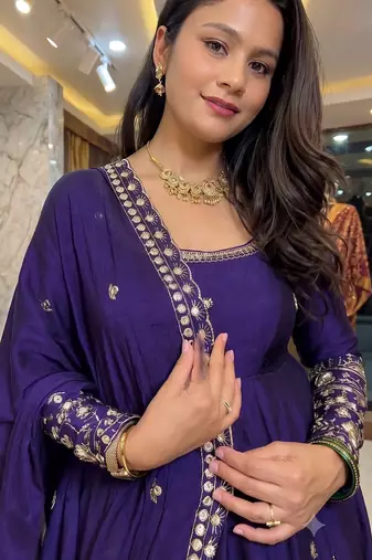 Dark blue heavily embroidered anarkali suit set