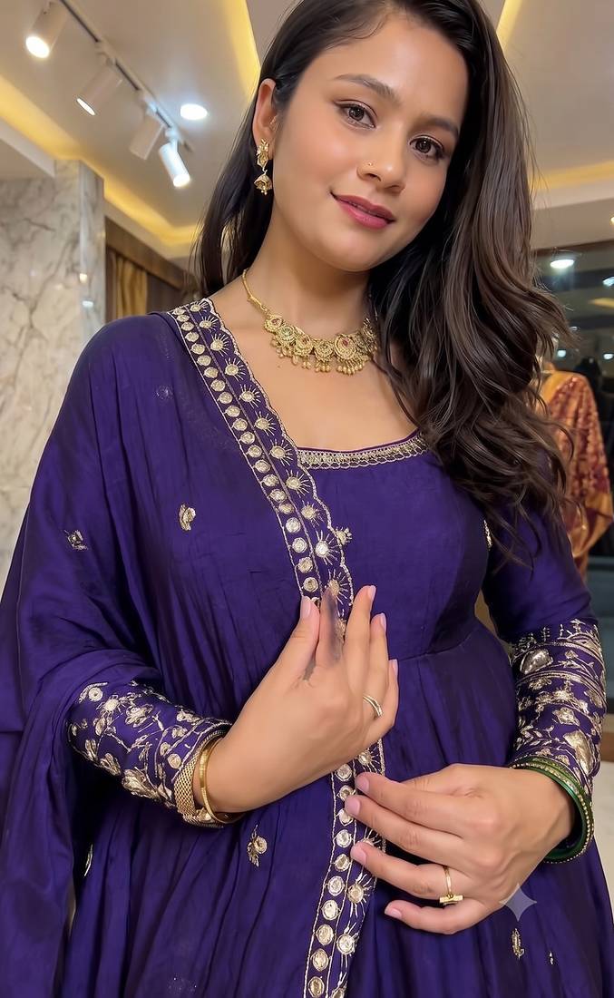 Dark blue heavily embroidered anarkali suit set