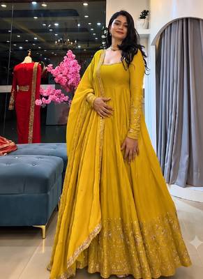 Yellow heavily embroidered anarkali suit set 1