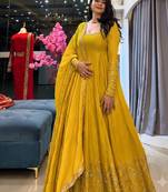 Yellow heavily embroidered anarkali suit set
