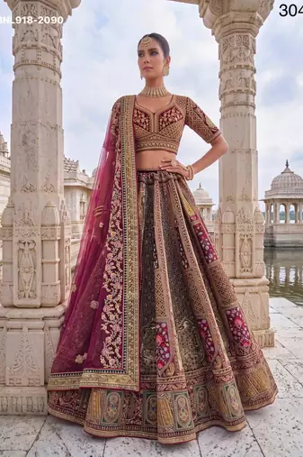 Rani Pink Velvet Embroidered Heavy Royal Bridal Lehenga Choli Set