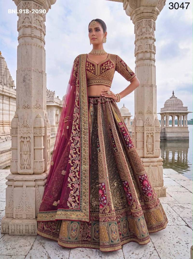 Rani Pink Velvet Embroidered Heavy Royal Bridal Lehenga Choli Set