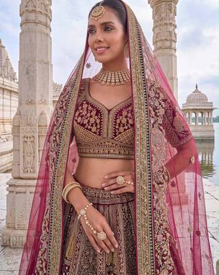 Rani Pink Velvet Embroidered Heavy Royal Bridal Lehenga Choli Set 2