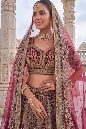 Rani Pink Velvet Embroidered Heavy Royal Bridal Lehenga Choli Set
