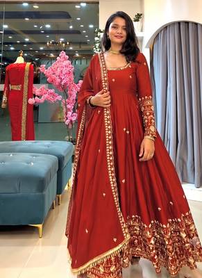 Orange heavily embroidered anarkali suit set 1