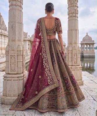 Rani Pink Velvet Embroidered Heavy Royal Bridal Lehenga Choli Set 3