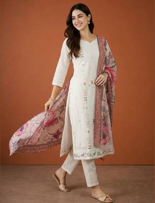 Women's Beautiful Embroidery Work Cotton Fabric Straight Kurta Pant and Dupatta Set 1