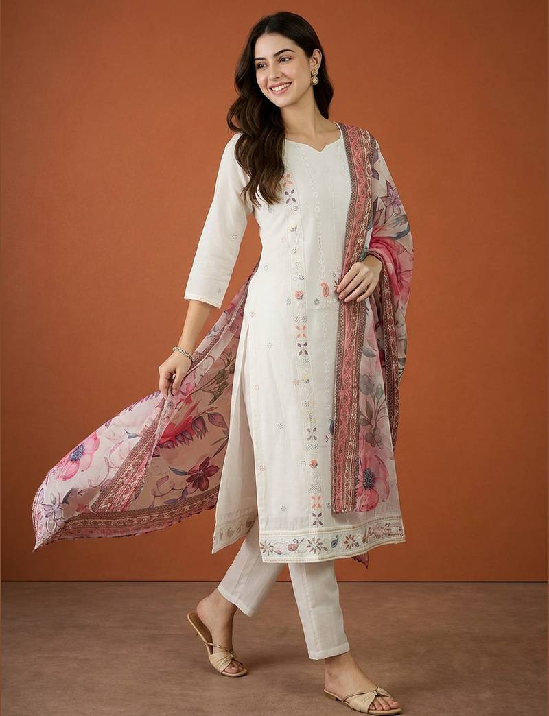 Women's Beautiful Embroidery Work Cotton Fabric Straight Kurta Pant and Dupatta Set