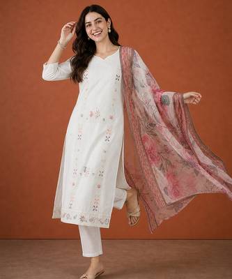 Women's Beautiful Embroidery Work Cotton Fabric Straight Kurta Pant and Dupatta Set 3