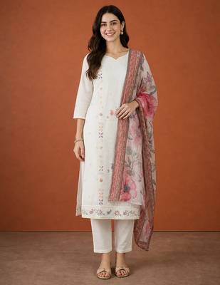 Women's Beautiful Embroidery Work Cotton Fabric Straight Kurta Pant and Dupatta Set 5