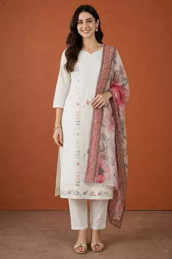 Women's Beautiful Embroidery Work Cotton Fabric Straight Kurta Pant and Dupatta Set