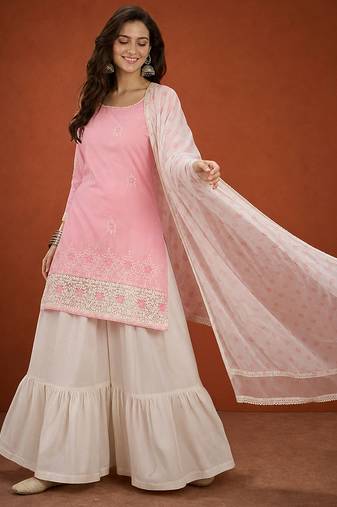 Women's Gorgeous Embroidery Work Cotton Satin Fabric Straight Kurta Sharara and Dupatta Set