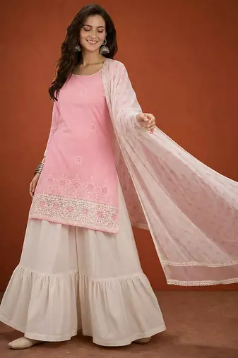 Women's Gorgeous Embroidery Work Cotton Satin Fabric Straight Kurta Sharara and Dupatta Set
