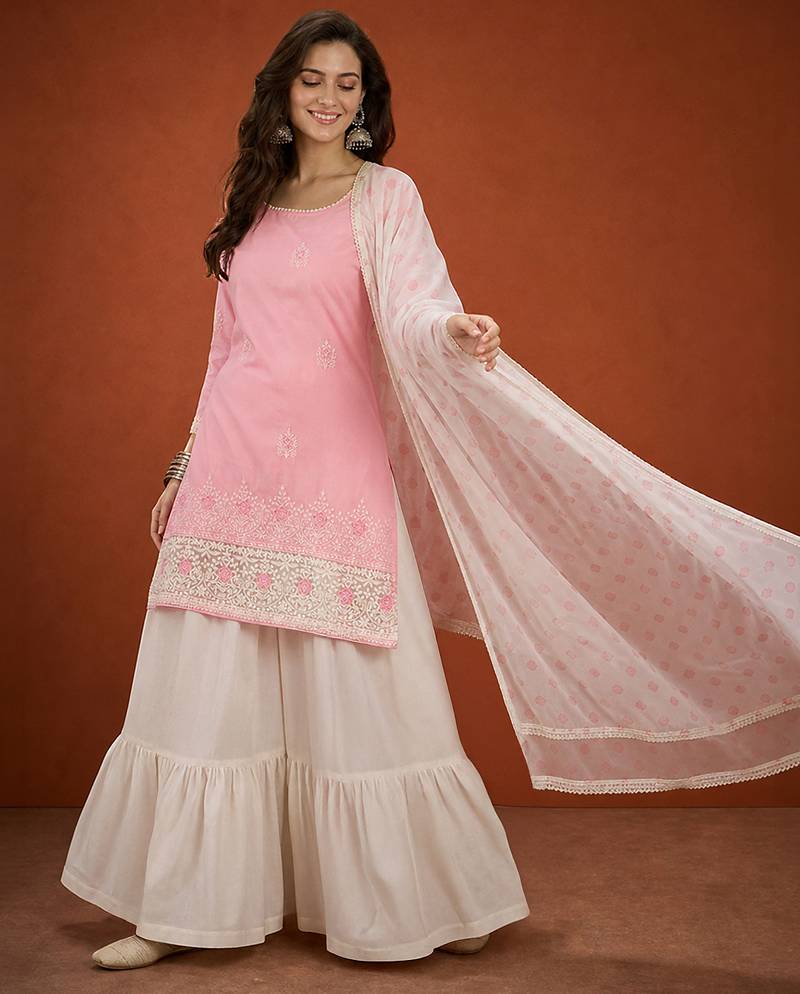 Women's Gorgeous Embroidery Work Cotton Satin Fabric Straight Kurta Sharara and Dupatta Set