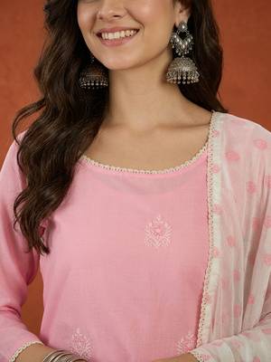 Women's Gorgeous Embroidery Work Cotton Satin Fabric Straight Kurta Sharara and Dupatta Set 2