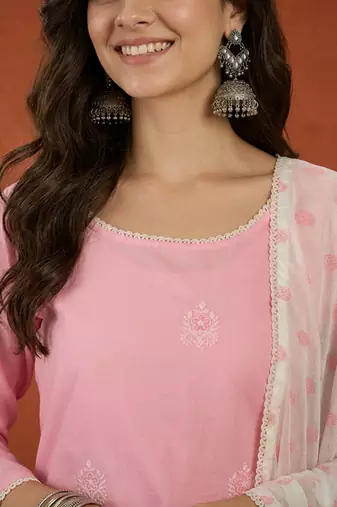 Women's Gorgeous Embroidery Work Cotton Satin Fabric Straight Kurta Sharara and Dupatta Set