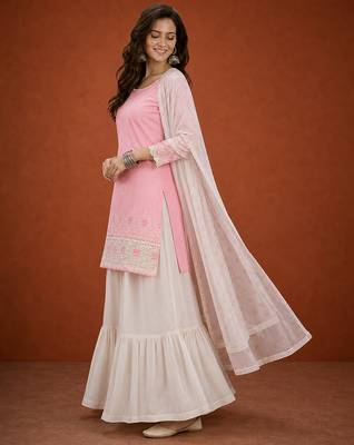 Women's Gorgeous Embroidery Work Cotton Satin Fabric Straight Kurta Sharara and Dupatta Set 3