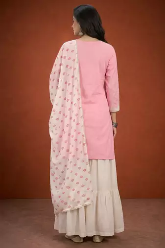 Women's Gorgeous Embroidery Work Cotton Satin Fabric Straight Kurta Sharara and Dupatta Set