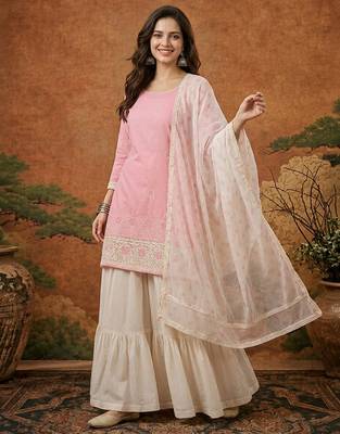 Women's Gorgeous Embroidery Work Cotton Satin Fabric Straight Kurta Sharara and Dupatta Set 5