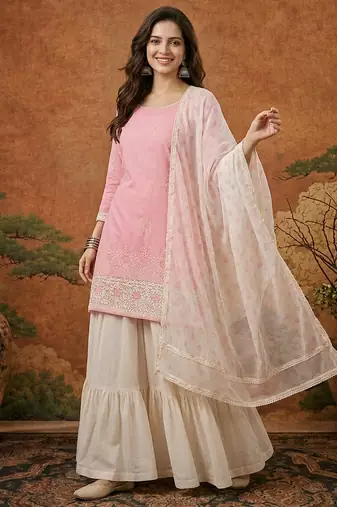 Women's Gorgeous Embroidery Work Cotton Satin Fabric Straight Kurta Sharara and Dupatta Set