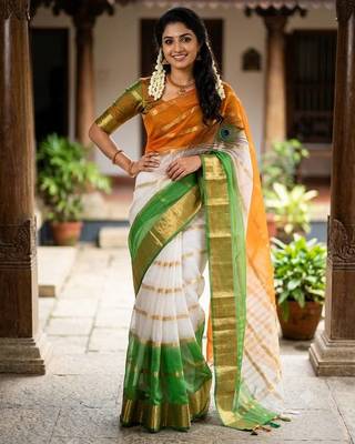 White green orange color kora oregenza printed saree 1
