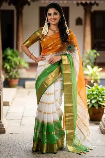 White green orange color kora oregenza printed saree