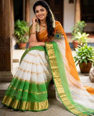 White green orange color kora oregenza printed saree 2