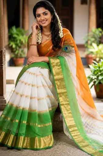 White green orange color kora oregenza printed saree