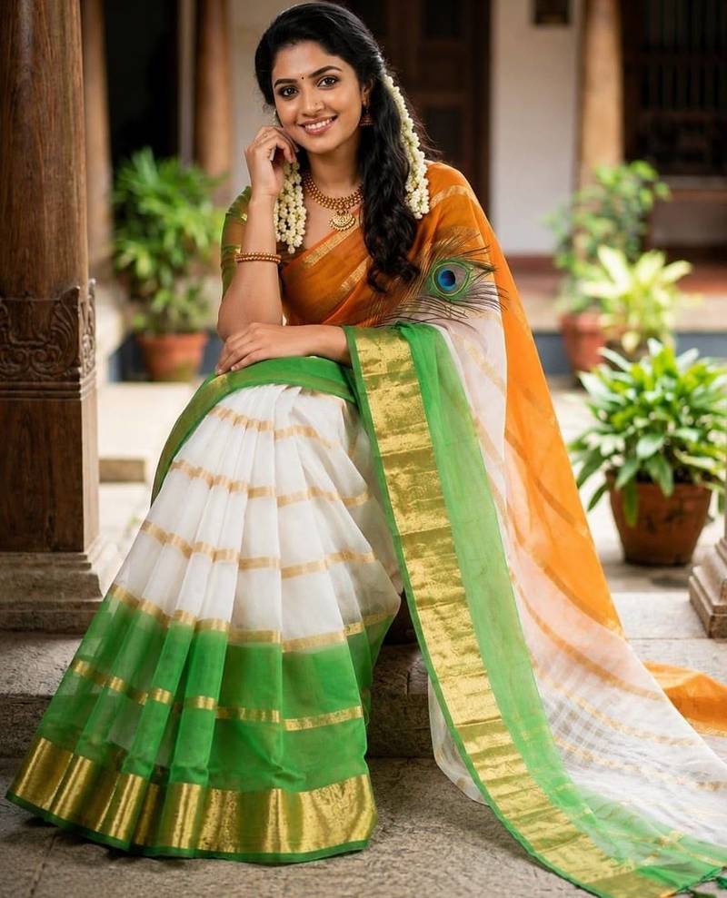 White green orange color kora oregenza printed saree