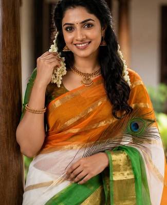 White green orange color kora oregenza printed saree 3
