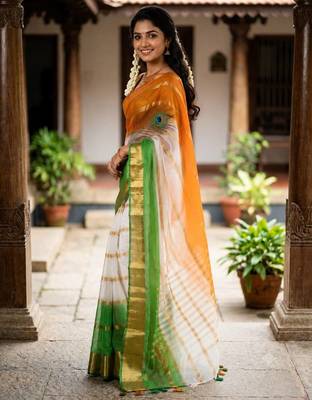 White green orange color kora oregenza printed saree 4