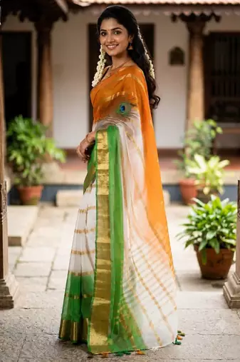 White green orange color kora oregenza printed saree