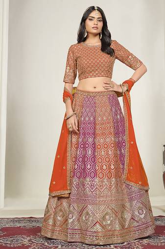 Orange & Rani Pink Embroidered Faux Georgette Stiched Lehenga Choli with Dupatta