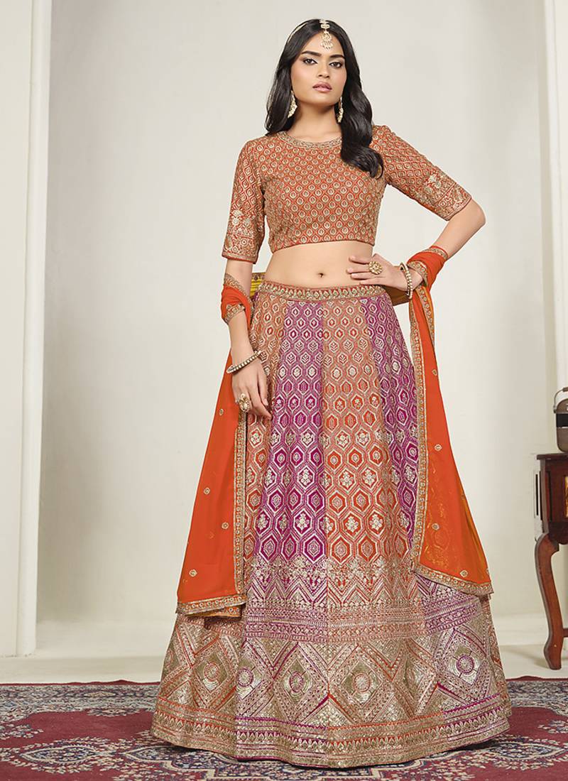 Orange & Rani Pink Embroidered Faux Georgette Stiched Lehenga Choli with Dupatta