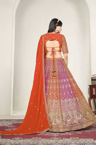 Orange & Rani Pink Embroidered Faux Georgette Stiched Lehenga Choli with Dupatta