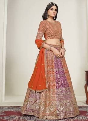 Orange & Rani Pink Embroidered Faux Georgette Stiched Lehenga Choli with Dupatta 3