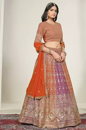 Orange & Rani Pink Embroidered Faux Georgette Stiched Lehenga Choli with Dupatta