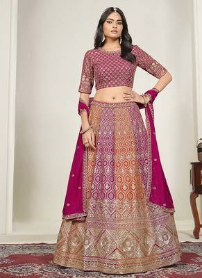 Rani Pink & Orange Embroidered Faux Georgette Stiched Lehenga Choli with Dupatta 1