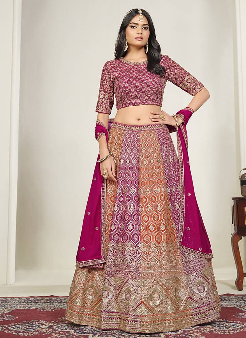 Rani Pink & Orange Embroidered Faux Georgette Stiched Lehenga Choli with Dupatta