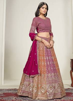 Rani Pink & Orange Embroidered Faux Georgette Stiched Lehenga Choli with Dupatta 3